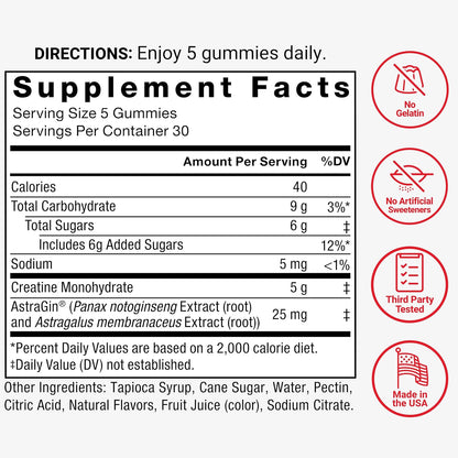Force Factor Creatine Monohydrate Gummies, 5g Dose for Men & Women to Support Muscle, Strength, Recovery, Cognitive Health & Memory, Mixed Berry, 150 Gummies