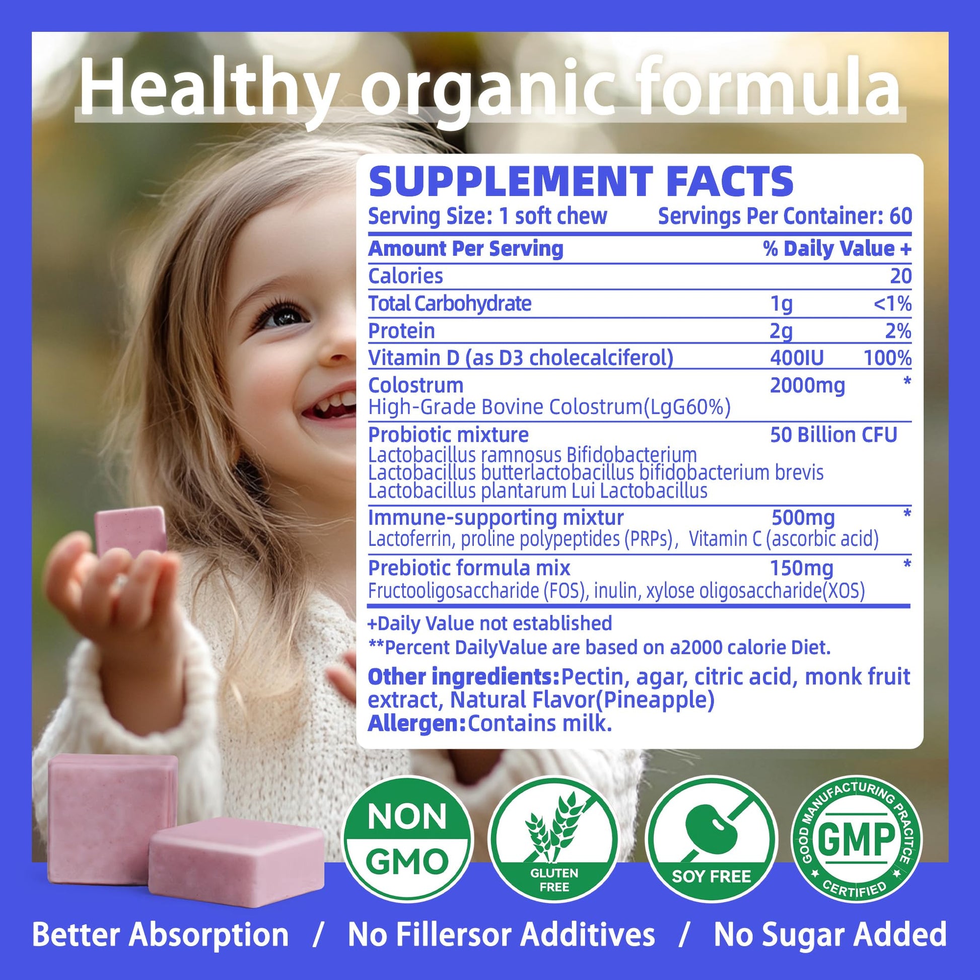 Bovine Colostrum Chews Supplement with probiotics for Gut Health, Bloating, Immune Support, Skin, Hair Growth and Beauty - Strawberry Flavor (60 Servings) Nirvana Guru
