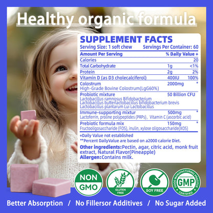 Bovine Colostrum Chews Supplement with probiotics for Gut Health, Bloating, Immune Support, Skin, Hair Growth and Beauty - Strawberry Flavor (60 Servings) Nirvana Guru