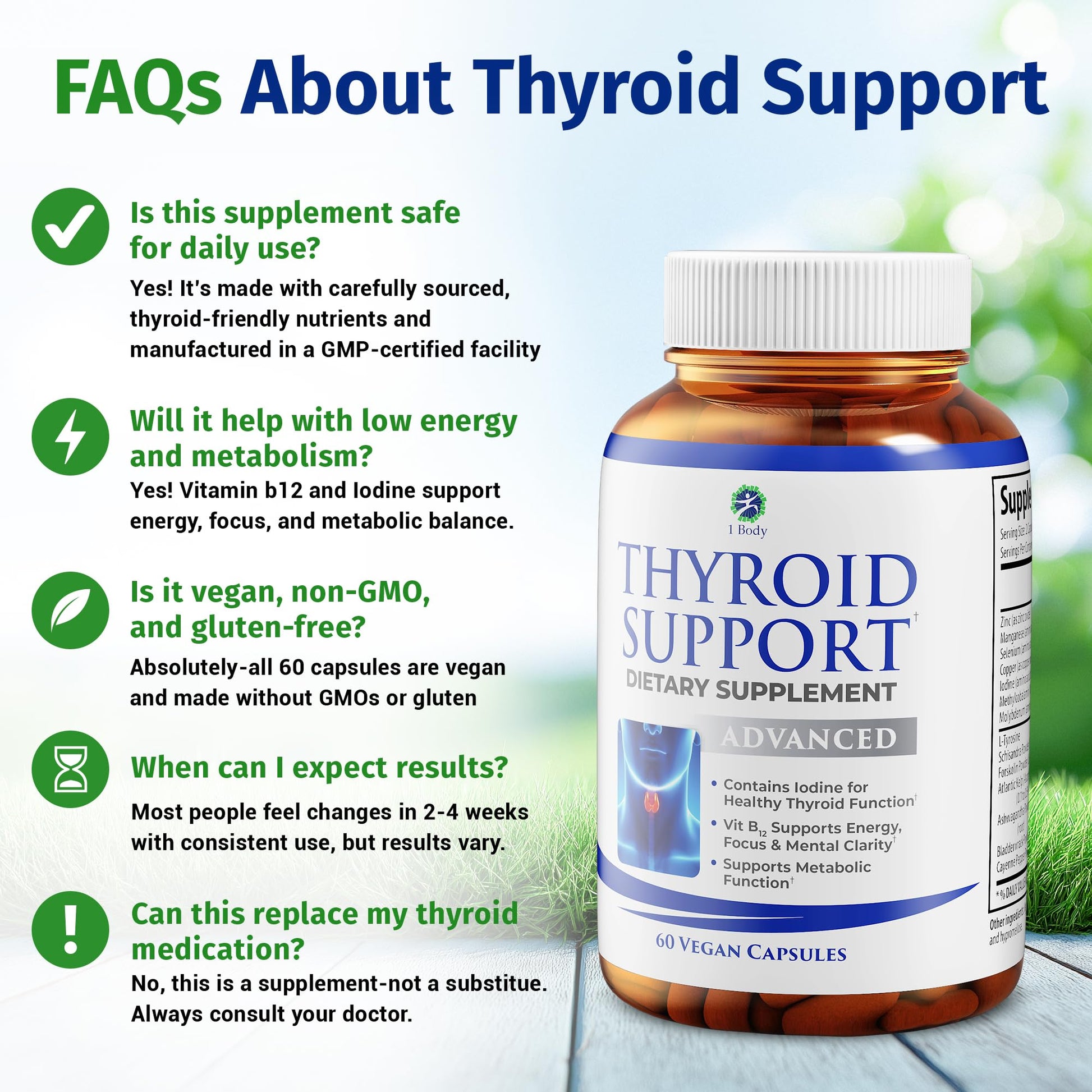 1 Body Thyroid Support Supplement with Iodine, B12, Zinc, Selenium, Ashwagandha, Non-GMO, Vegetarian, 30 Day Supply Nirvana Guru