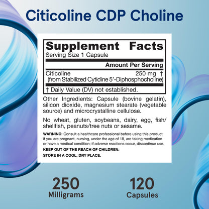 Jarrow Formulas Citicoline CDP Choline 250 MG, CDP Choline Supplement Supports Brain Health, Performance and Memory, 120 Capsules, Up to a 120 Day Supply - Nirvana Guru