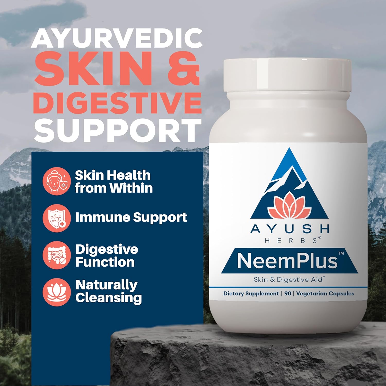 Ayush Herbs Neem Plus - Digestive Health for Women & Men, Gut Support Supplement for Stomach & Skin Health, Immune Support - 90 Vegetarian Capsules (1 Count) Nirvana Guru