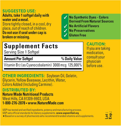 Nature Made Extra Strength Vitamin B12 3000 mcg, Dietary Supplement for Energy Metabolism Support, 60 Softgels, 60 Day Supply - Nirvana Guru