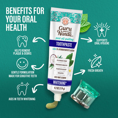 GuruNanda Hydroxyapatite Toothpaste, SLS & Fluoride Free, Whitening Toothpaste - Freshens Breath, Fights Plaque - Natural CocoMint Jasmine Neem, 4.2oz Nirvana Guru