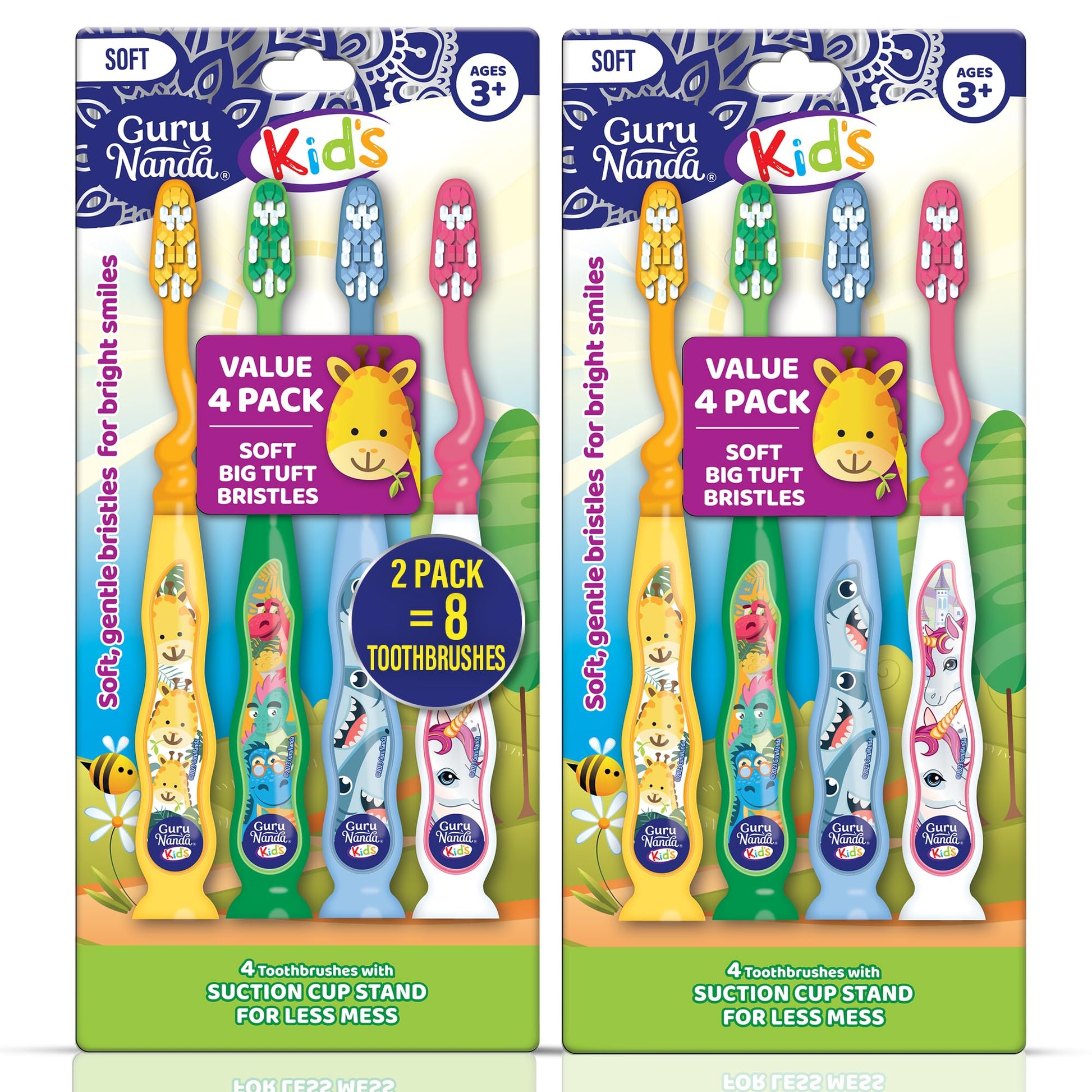 GuruNanda Kids Toothbrush with Suction Cup & Fun Animal Designs - Soft Bristles for Healthy Gums- Non-Slippery & Mess-Free Toothbrush, 3+ Age- 4 Count Nirvana Guru