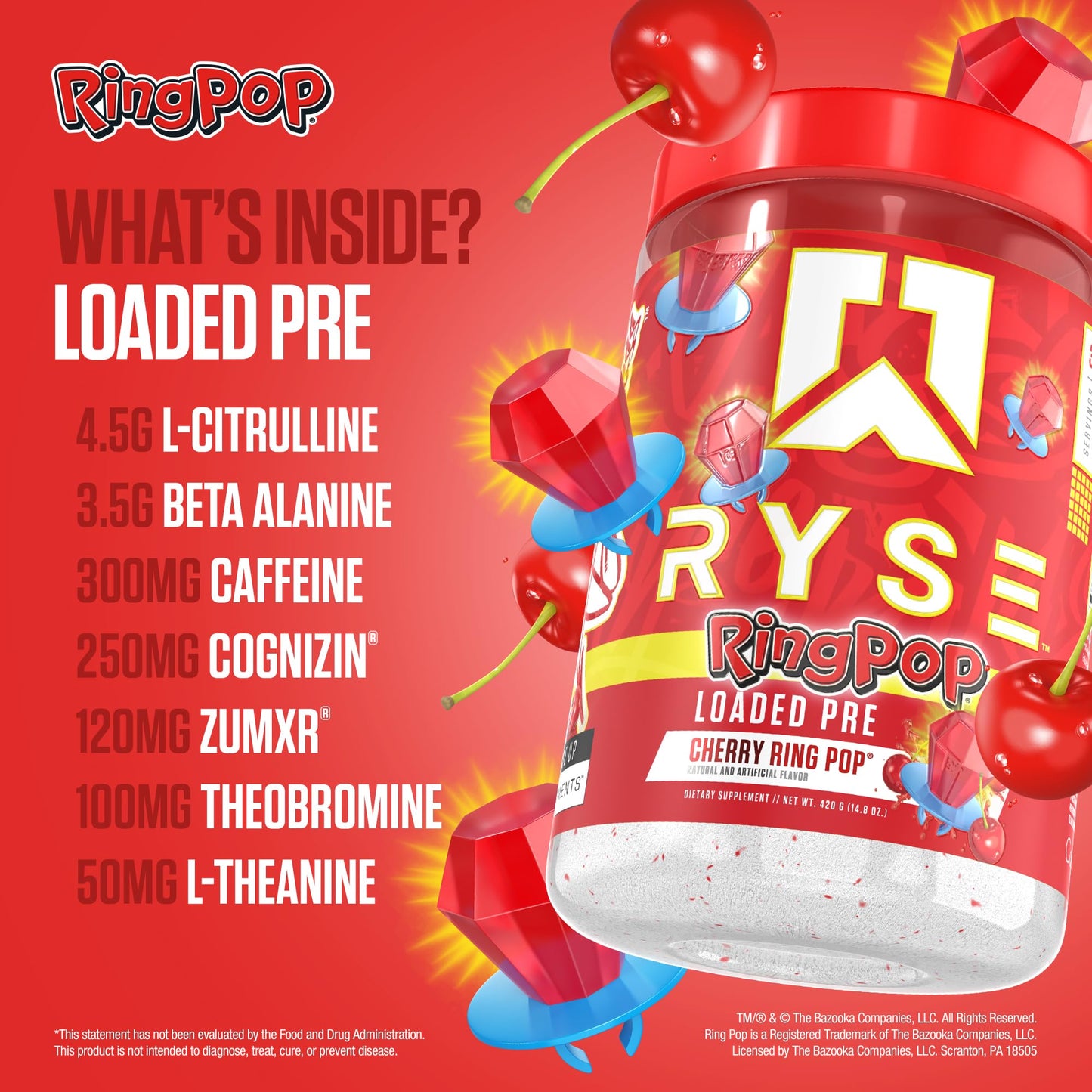 RYSE Loaded Pre Workout Powder - Ring Pop Cherry - Daily Pre-Workout for Men & Women with 325mg Caffeine, Beta Alanine, and Citrulline for Pump, Focus, and Energy - 30 Servings Nirvana Guru