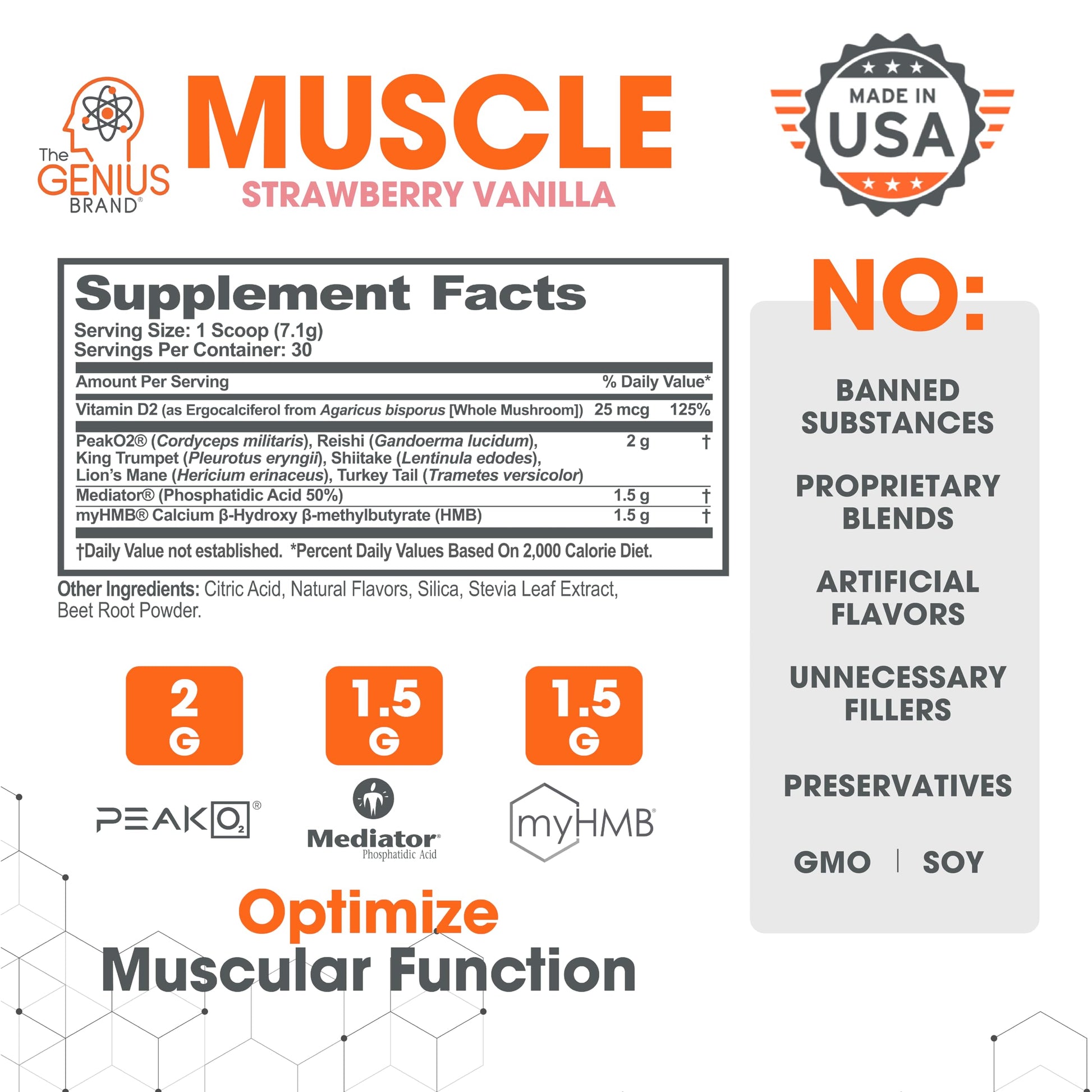 The Genius Brand Genius Muscle - Muscle Health Supplement for Growth, Endurance & Recovery - Non-Hormonal Formula - 6 Organic Mushrooms - Naturally-Sweetened - 30 Servings - Strawberry Vanilla Nirvana Guru