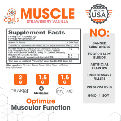The Genius Brand Genius Muscle - Muscle Health Supplement for Growth, Endurance & Recovery - Non-Hormonal Formula - 6 Organic Mushrooms - Naturally-Sweetened - 30 Servings - Strawberry Vanilla Nirvana Guru