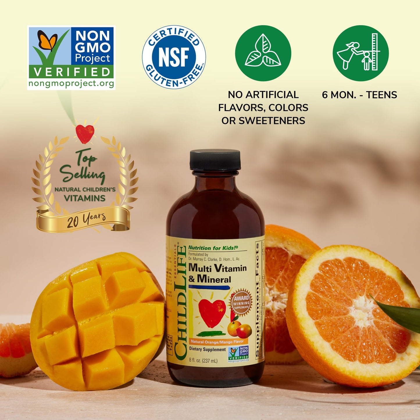 CHILDLIFE ESSENTIALS Kids Multivitamin & Mineral - Kids Vitamins, Liquid Multivitamin for Kids, Toddler Multivitamins, Liquid Vitamins, Baby Multivitamin - Natural Orange & Mango, 8 Fl Oz (Pack of 1)