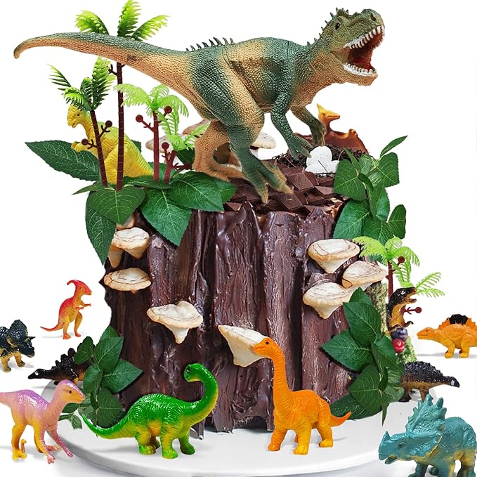 Dinosaur Themed Cake Toppers With Eggs Leaves Trees For Birthday Party , Wild Animals ,Kids Party Cake Decorations (Dinosaur-E), 26 PCS nirvanaguru