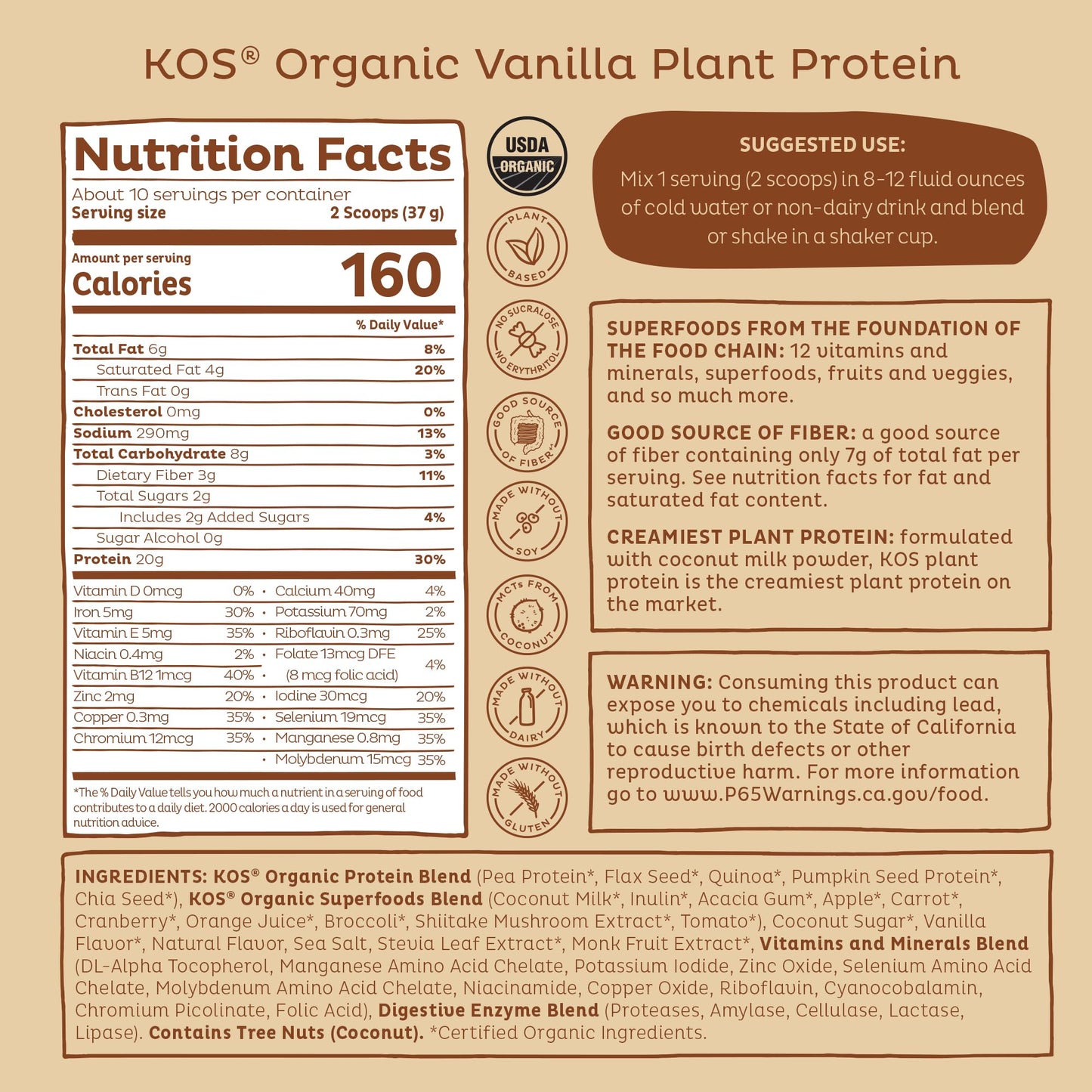 KOS Vegan Protein Powder Erythritol Free, Vanilla USDA Organic - Pea Protein Blend, Plant Based Superfood Rich in Vitamins & Minerals - Keto, Dairy Free - Meal Replacement for Women & Men, 28 Servings - Nirvana Guru