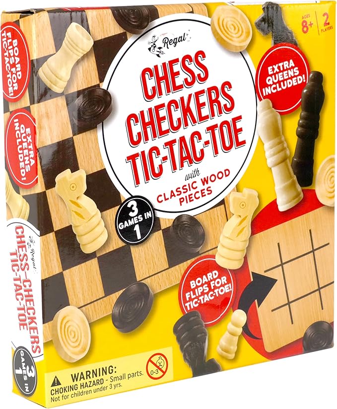 Regal Games - Reversible Wooden Board for Chess, Checkers & Tic-Tac-Toe - 24 Interlocking Wooden Checkers and 32 Standard Chess Pieces - for Age 8 to Adult for Family Fun nirvanaguru