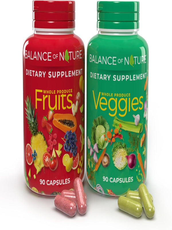 Balance of Nature Fruits and Veggies Supplements - Whole Fruit and Vegetable Ingredients for Women, Men, and Kids - 90 Fruit Capsules, 90 Veggie Capsules - 1 Set Nirvana Guru