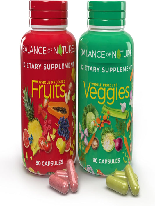 Balance of Nature Fruits and Veggies Supplements - Whole Fruit and Vegetable Ingredients for Women, Men, and Kids - 90 Fruit Capsules, 90 Veggie Capsules - 1 Set Nirvana Guru