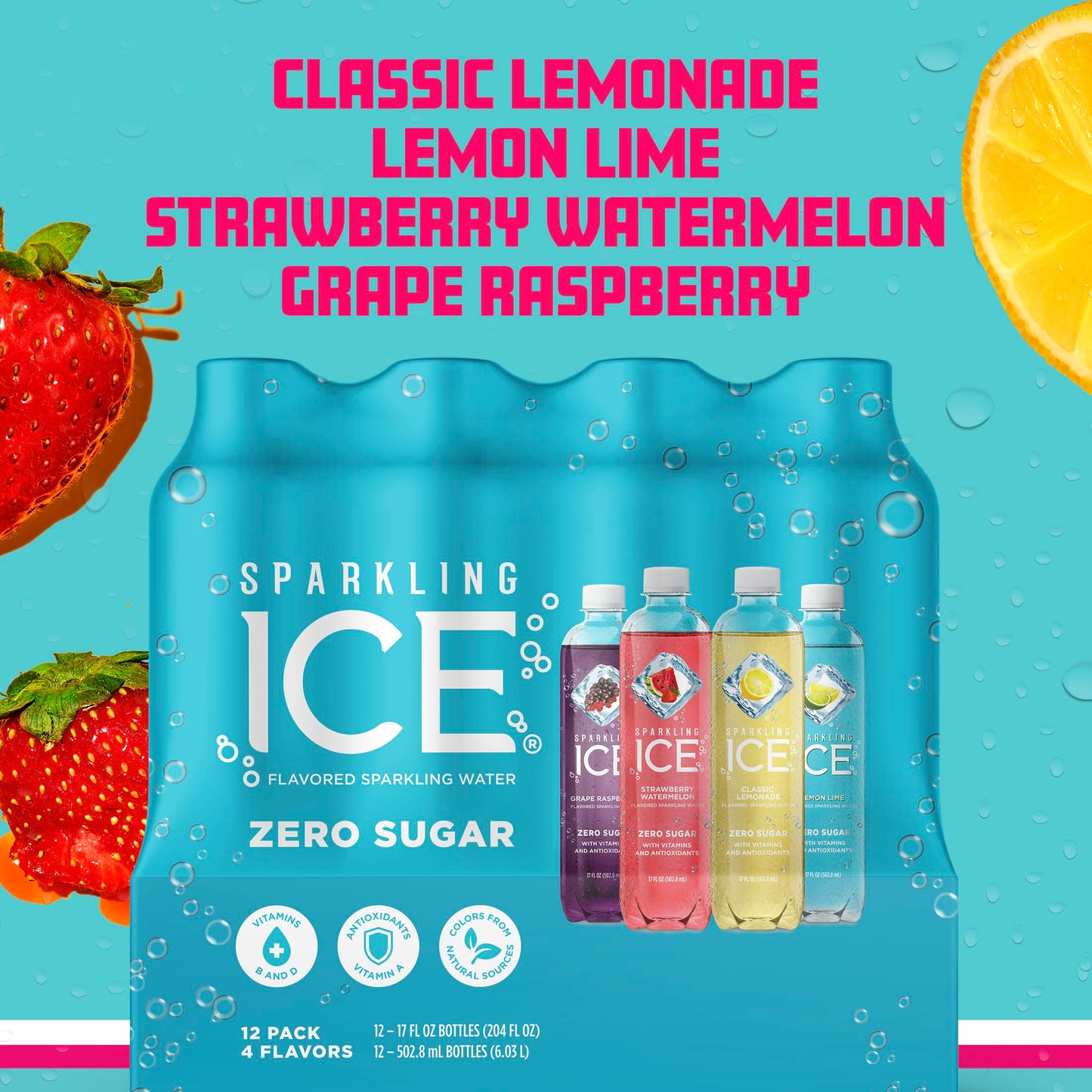 Sparkling Ice Purple Variety Pack, Flavored Water, Zero Sugar, with Vitamins and Antioxidants, 17 fl oz, 12 count (Black Raspberry, Cherry Limeade, Orange Mango, Kiwi Strawberry)