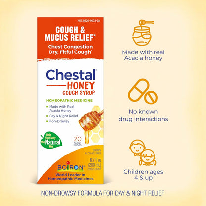 Boiron Chestal Honey Adult Cold and Cough Syrup for Nasal and Chest Congestion, Runny Nose, and Sore Throat Relief - 6.7 Fl oz - Nirvana Guru