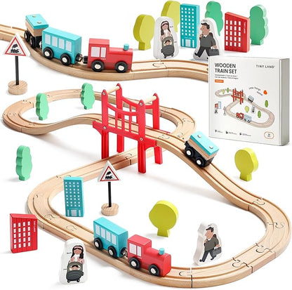 Tiny Land Wooden Train Set for Toddler - 39 Pcs- with Wooden Tracks Compatible with Major Brands - Expandable, Changeable-Train Toy for 3 4 5 Years Old Girls & Boys nirvanaguru