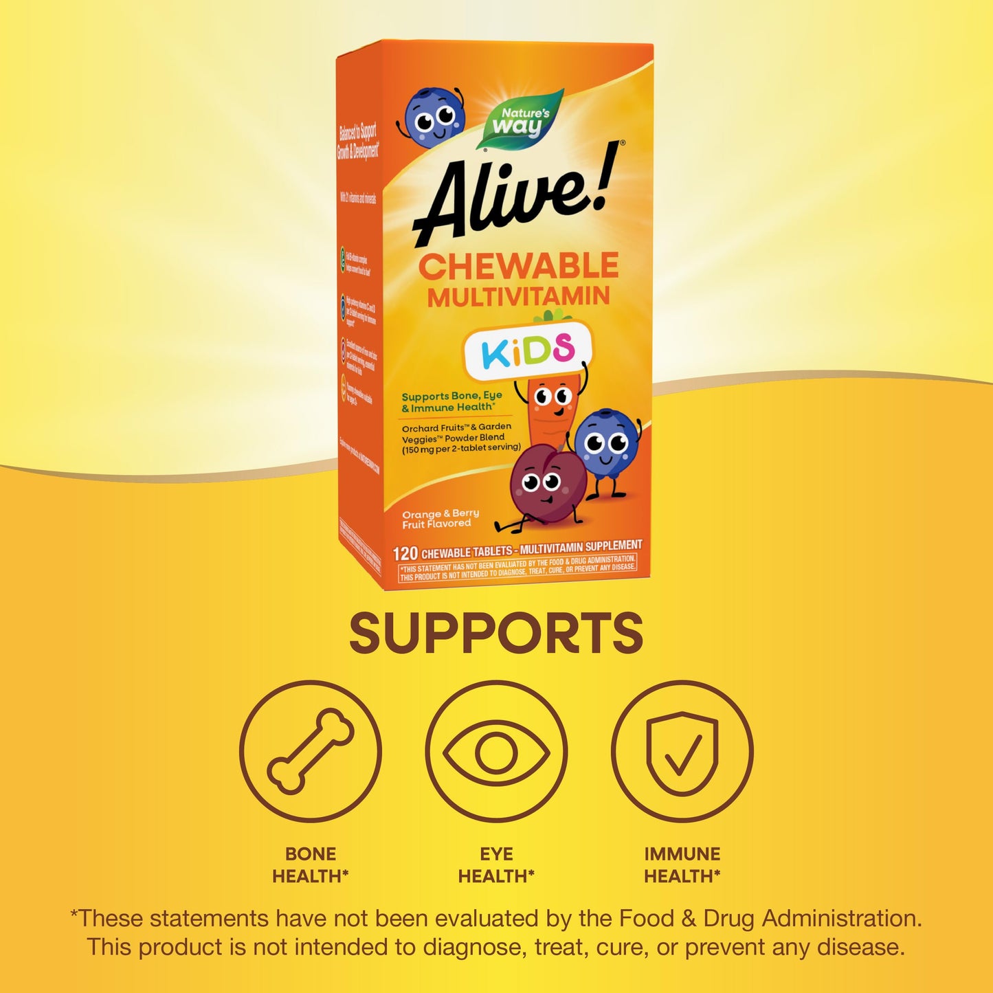 Nature's Way Alive! Children's Daily Chewable Multivitamin, Supports Bone, Eye, and Immune Health*, Orange & Berry Fruit Flavored, Gluten Free, 120 Chewable Tablets (Packaging May Vary) - Nirvana Guru