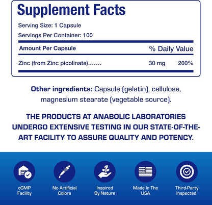 Chelated Zinc Picolinate 30mg - Clinically Formulated High Potency Zinc Supplement for Women & Men for Healthy Skin Bone & Immune System Support - Vegan Non-GMO & Easy to Swallow - 100 Servings Nirvana Guru