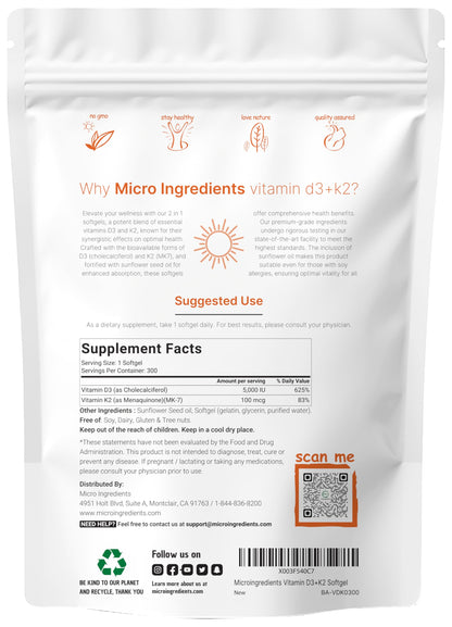 Micro Ingredients Vitamin D3 10,000 IU + K2 MK-7 200 mcg, 300 Softgels | Virgin Coconut Oil | 2-in-1 Bone, Immune & Heart Support | Easy to Swallow, Non-GMO
