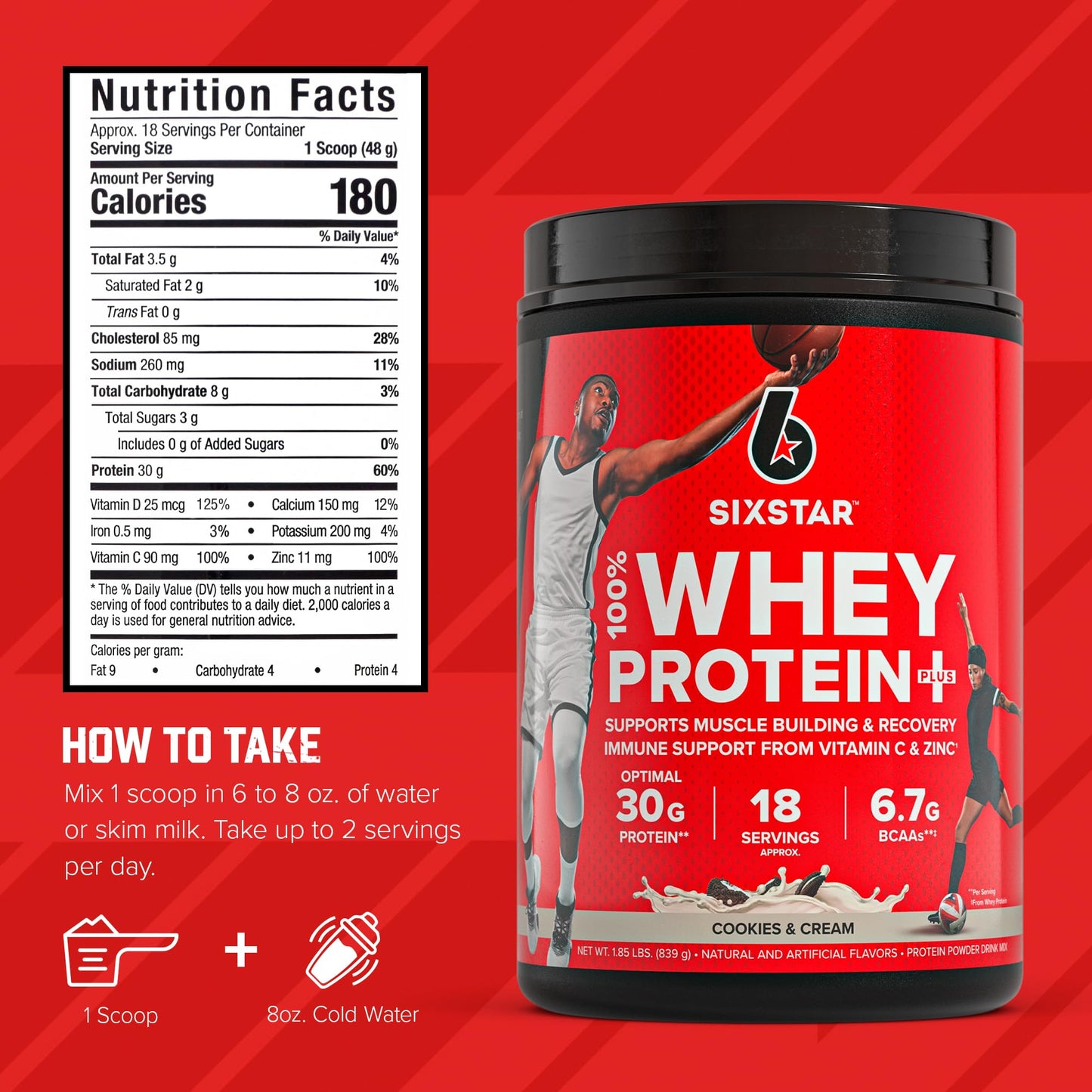 Six Star Whey Protein Powder Plus - Muscle Building & Recovery Formula with Whey Isolate Powder, BCAAs, 30g Protein, Immune Support - Post-Workout Supplement - Triple Chocolate, 1.8 lbs