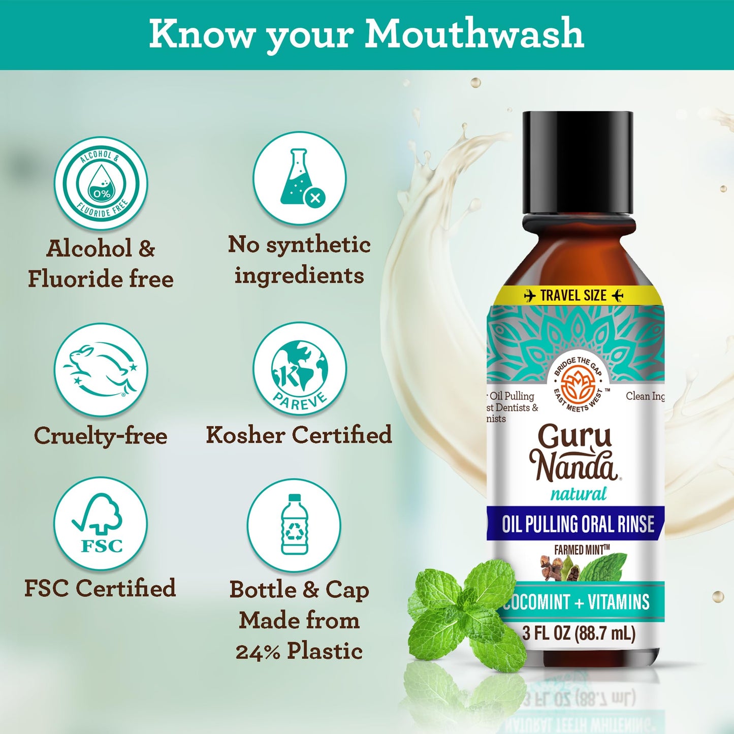GuruNanda Travel Size CocoMint Oil Pulling Mouthwash, 7 Essential Oils & Vitamins, Promotes Fresh Breath & Happy Gums, No Alcohol & Fluoride, 3 oz Nirvana Guru