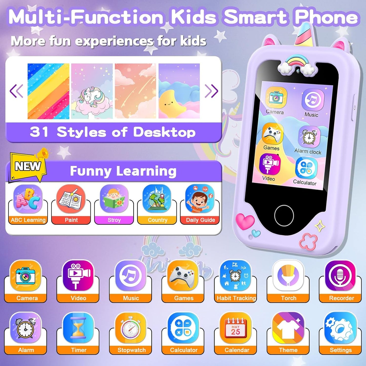 Kids Smart Phone for Girls, Christmas Birthday Gifts for Girls Age 3-10 Kids Toys Cell Phone, 2.8" Touchscreen Toddler Learning Play Toy Phone with Dual Camera, Game, Music Player, 8GB Card Purple Nirvana Guru