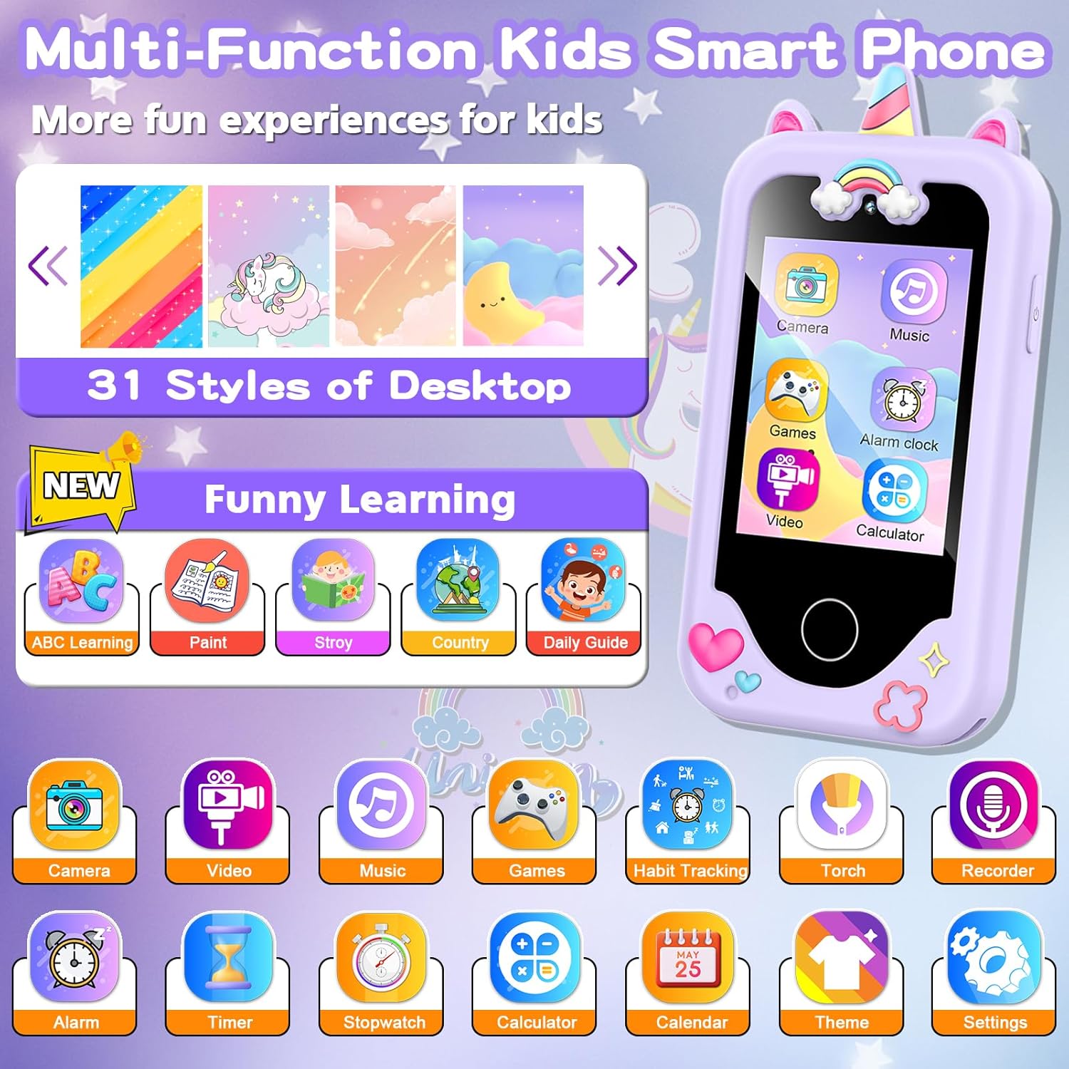 Kids Smart Phone for Girls, Christmas Birthday Gifts for Girls Age 3-10 Kids Toys Cell Phone, 2.8" Touchscreen Toddler Learning Play Toy Phone with Dual Camera, Game, Music Player, 8GB Card Purple Nirvana Guru
