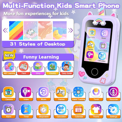 Kids Smart Phone for Girls, Christmas Birthday Gifts for Girls Age 3-10 Kids Toys Cell Phone, 2.8" Touchscreen Toddler Learning Play Toy Phone with Dual Camera, Game, Music Player, 8GB Card Purple Nirvana Guru