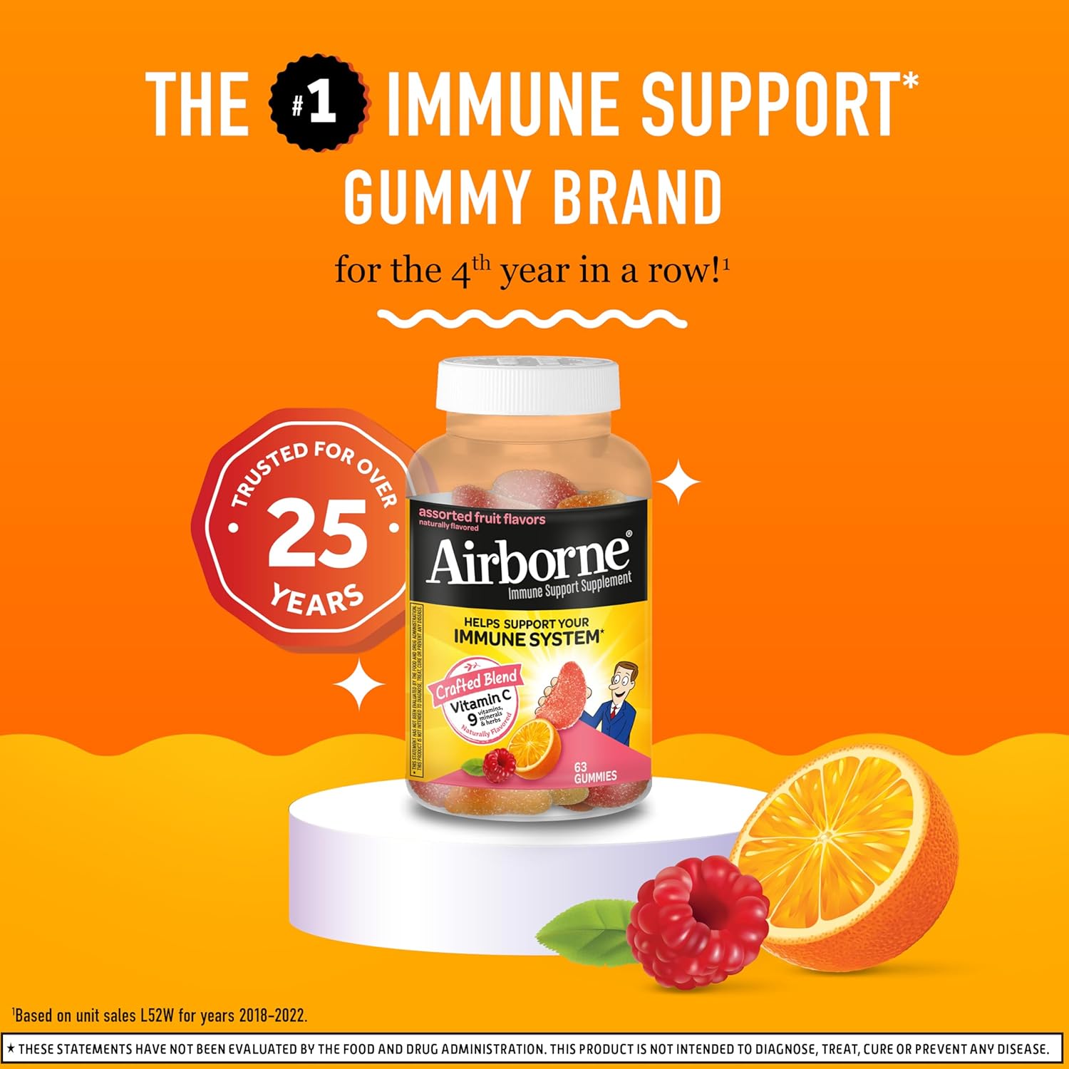 Vitamin C 750mg (per Serving) - Airborne Assorted Fruit Flavored Gummies (63 Count in a Bottle), Gluten-Free Immune Support Supplement with Vitamins A C E, Selenium, Echinacea & Ginger Nirvana Guru