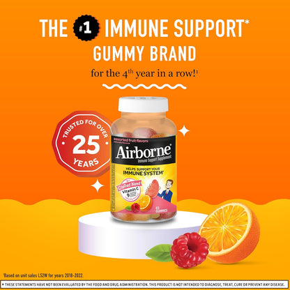 Vitamin C 750mg (per Serving) - Airborne Assorted Fruit Flavored Gummies (63 Count in a Bottle), Gluten-Free Immune Support Supplement with Vitamins A C E, Selenium, Echinacea & Ginger Nirvana Guru
