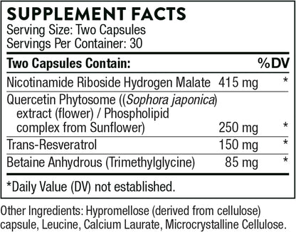 THORNE ResveraCel - Nicotinamide Riboside with Quercetin Phytosome and Resveratrol - Support Healthy Aging, Methylation, Cellular Energy Production and Metabolism* - 60 Capsules - 30 Servings - Nirvana Guru