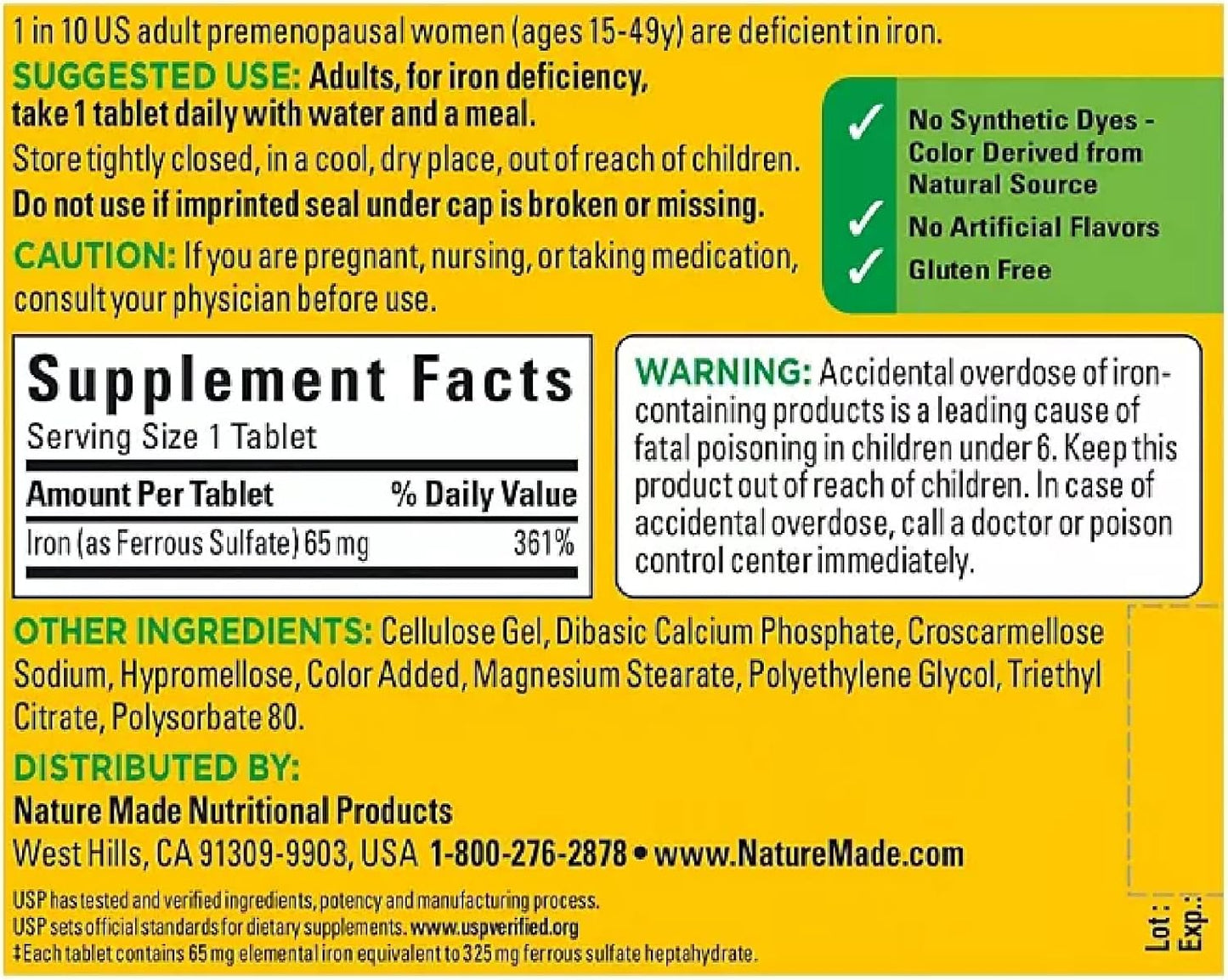 Nature Made Iron 65 mg (from Ferrous Sulfate) Tablets for Red Blood Cell Formation (365 ct.). - Nirvana Guru
