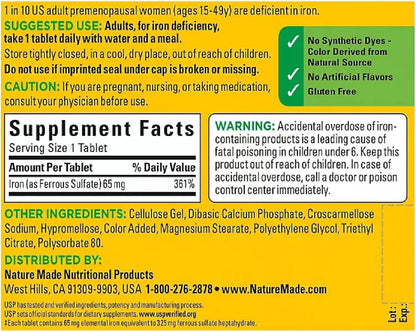 Nature Made Iron 65 mg (from Ferrous Sulfate) Tablets for Red Blood Cell Formation (365 ct.). - Nirvana Guru