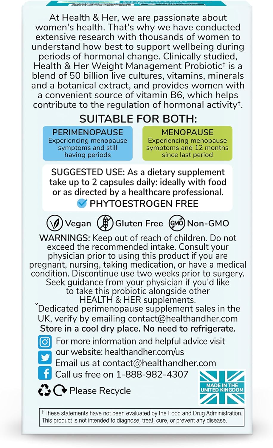 Health & Her Weight Management Probiotics for Women - Perimenopause & Menopause Supplement - Clinically Studied 50bn CFU Probiotics to Support Gut Health, Energy, Mood & Mind, Vegan (60 ct - 1 Month) - Nirvana Guru