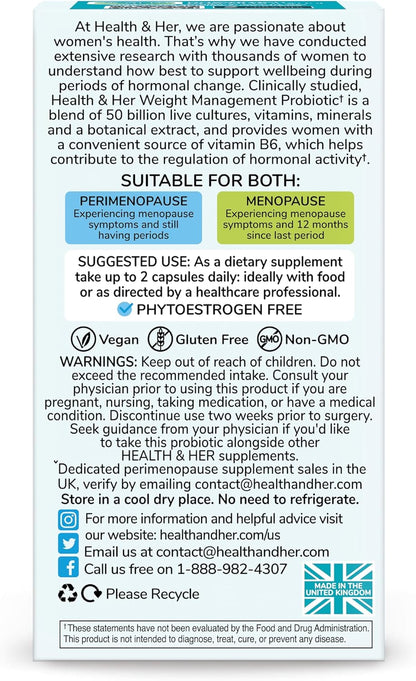 Health & Her Weight Management Probiotics for Women - Perimenopause & Menopause Supplement - Clinically Studied 50bn CFU Probiotics to Support Gut Health, Energy, Mood & Mind, Vegan (60 ct - 1 Month) - Nirvana Guru