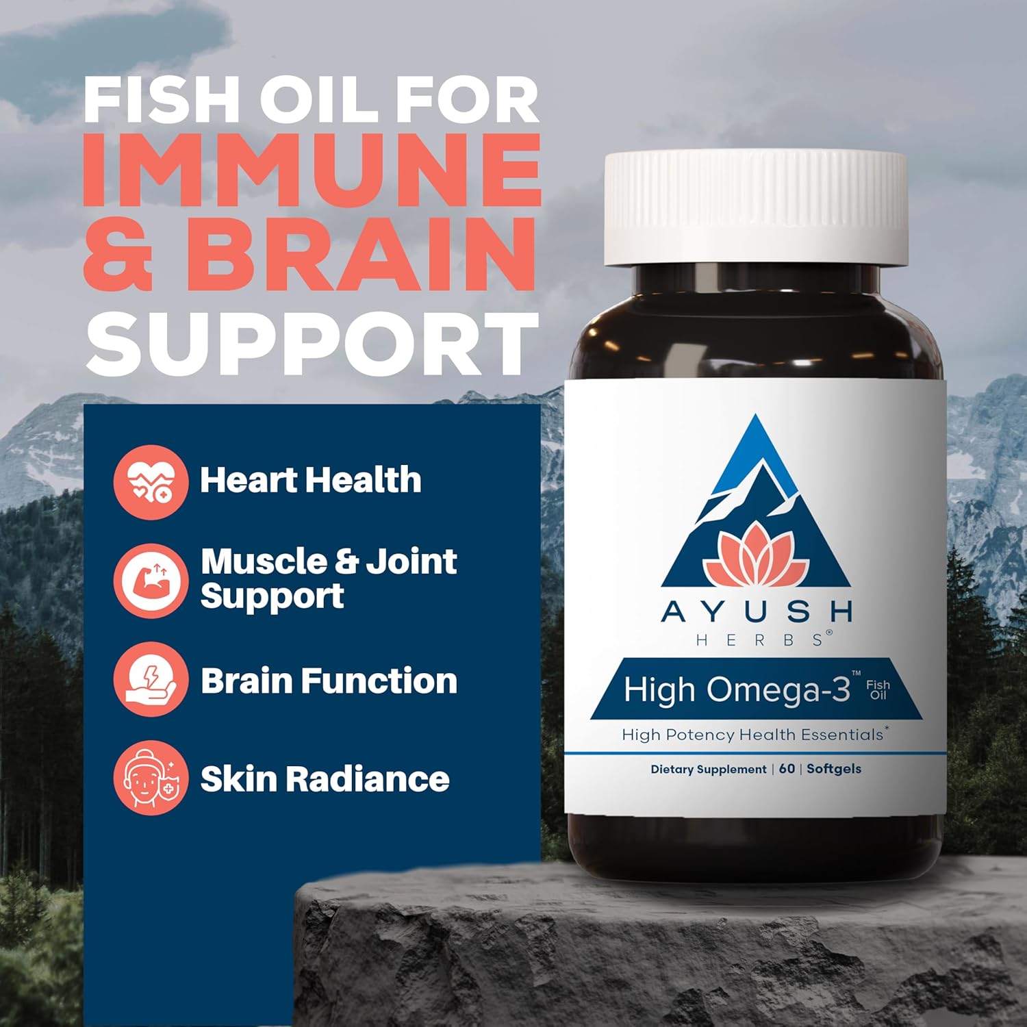 Ayush Herbs High Omega 3 - Omega 3 Fish Oil, 1000mg Per Capsule, EPA & DHA Fish Oil Supplement for Women & Men, Natural Lemon Flavor - 60 Softgel Capsules (1 Count) Nirvana Guru