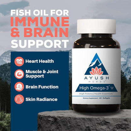 Ayush Herbs High Omega 3 - Omega 3 Fish Oil, 1000mg Per Capsule, EPA & DHA Fish Oil Supplement for Women & Men, Natural Lemon Flavor - 60 Softgel Capsules (1 Count) Nirvana Guru