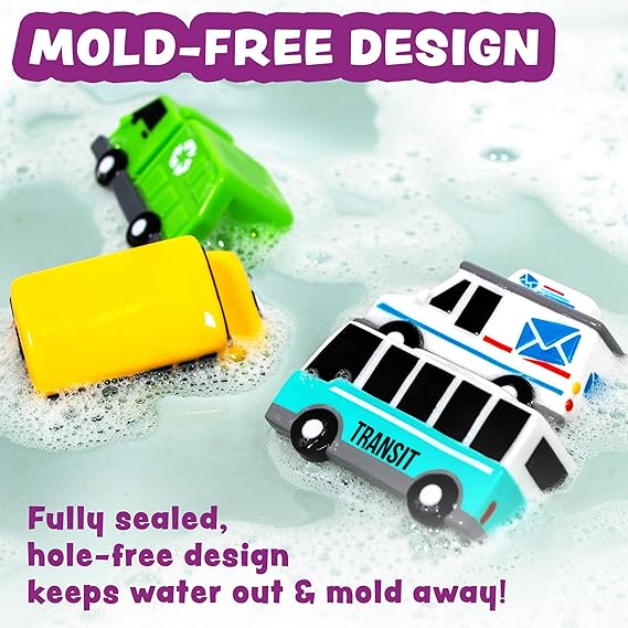 Tub Works® Vehicles™ Bath Cars Mold Free Bath Toys, 6 Pack | Sealed, No Hole Bath Toys Design Keeps Moisture Out | Soft, Squeezable & Float on Water | Fun Baby & Toddler Bath Toys | City Car Bath Toys nirvanaguru