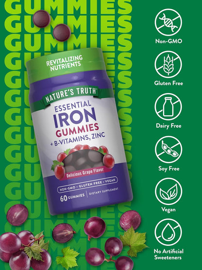 Nature's Truth Iron Gummies | 60 Count | Vegan, Non-GMO & Gluten Free Supplement | with Zinc & B Vitamins | Grape Flavor Nirvana Guru