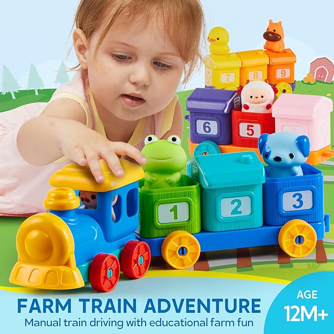 Learning Toy for Toddlers 1 2 3 Years Old, Counting, Matching & Sorting Montessori Learning Farm Train Including 9 Farm Animals and 1 Farmer, Easter Christmas Birthday Gift for Baby Boys Girls Nirvana Guru