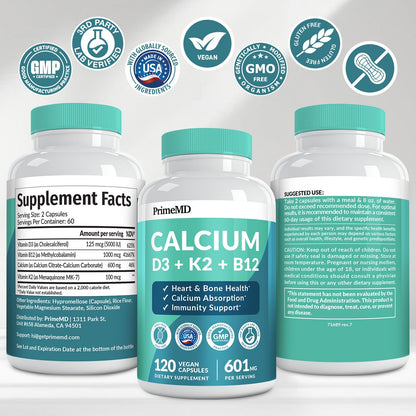 4-in-1 Calcium 1200mg with Vitamin D3 - Calcium Supplement for Women and Men with Vitamin K2 B12 5000 IU - Extra Strength Calcium Citrate for Bone and Heart Support (120ct) Nirvana Guru