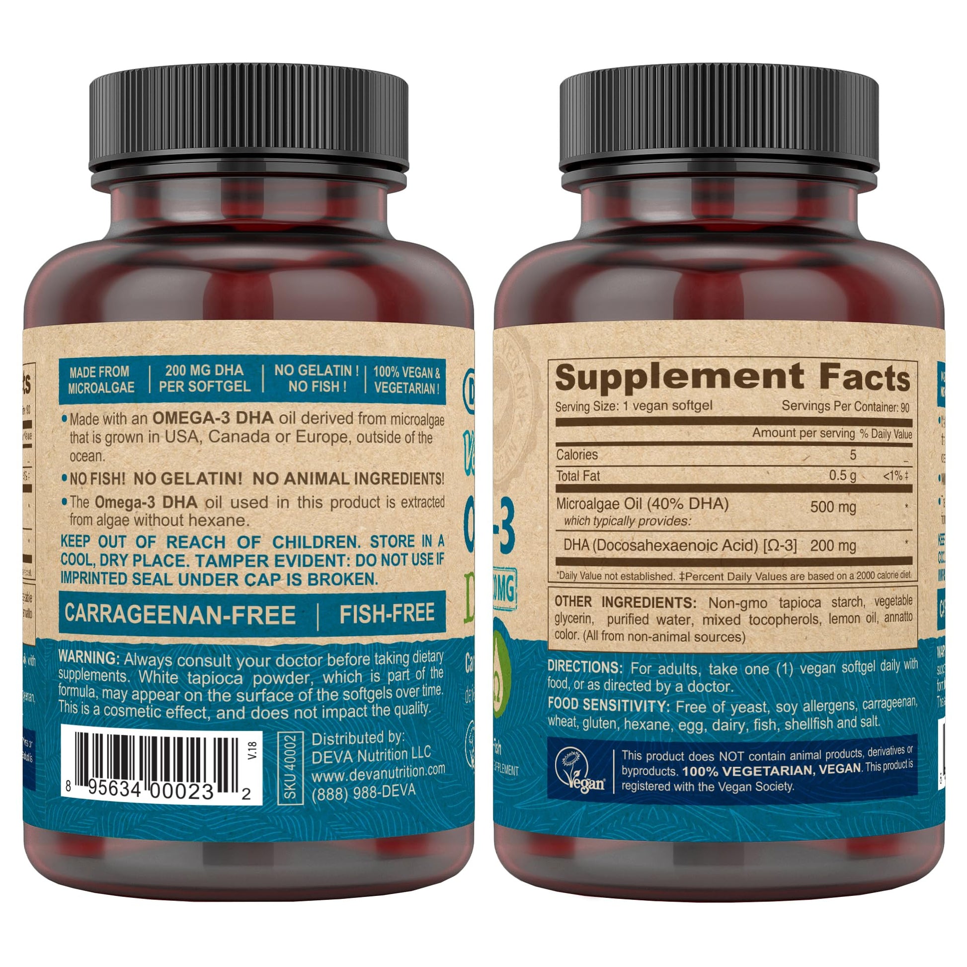 DEVA Vegan Omega-3 DHA Supplement, Once-Per-Day Softgel 200 MG, Carrageenan Free, Gelatin Free, Non-Fish, Algae Oil, Omega-3 Fatty Acids - 90 Softgels - Nirvana Guru