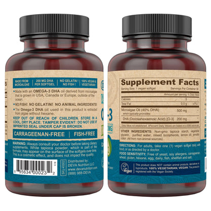 DEVA Vegan Omega-3 DHA Supplement, Once-Per-Day Softgel 200 MG, Carrageenan Free, Gelatin Free, Non-Fish, Algae Oil, Omega-3 Fatty Acids - 90 Softgels - Nirvana Guru