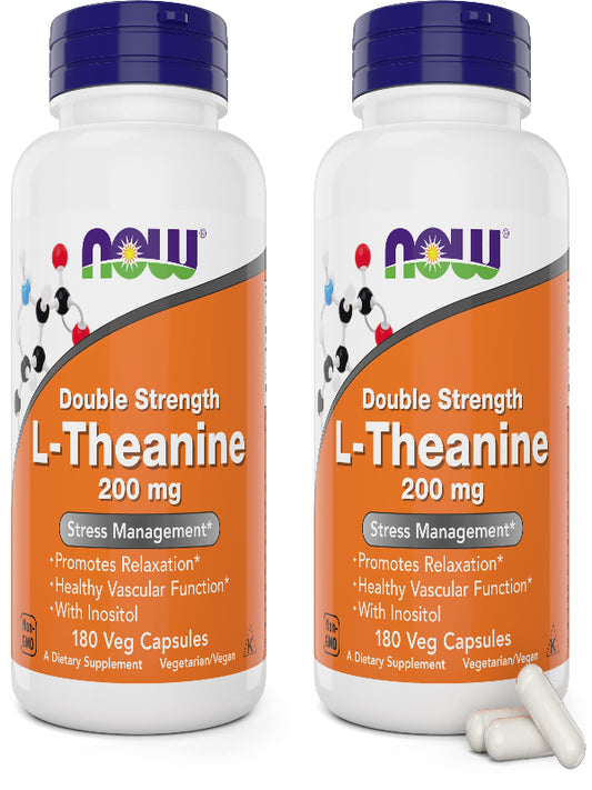 NOW Foods L-Theanine, Double Strength 200 mg Per Cap - 180 Veg Capsules - Enhanced with 100mg Inositol - Vegetarian, Non-GMO - Ltheanine 200mg Supplement - Nirvana Guru