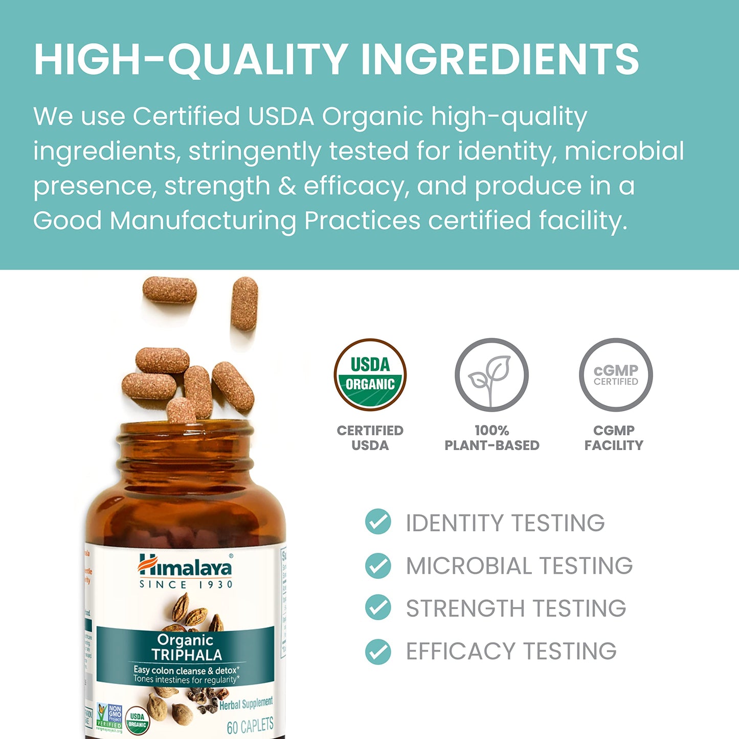 Himalaya Organic Triphala, 2 Month Supply, for Colon Cleanse, Detox & Occasional Constipation, USDA Certified Organic, Non-GMO, Gluten-Free, Extract & Powder Herbal Supplement, 688 mg, 60 Caplets - Nirvana Guru