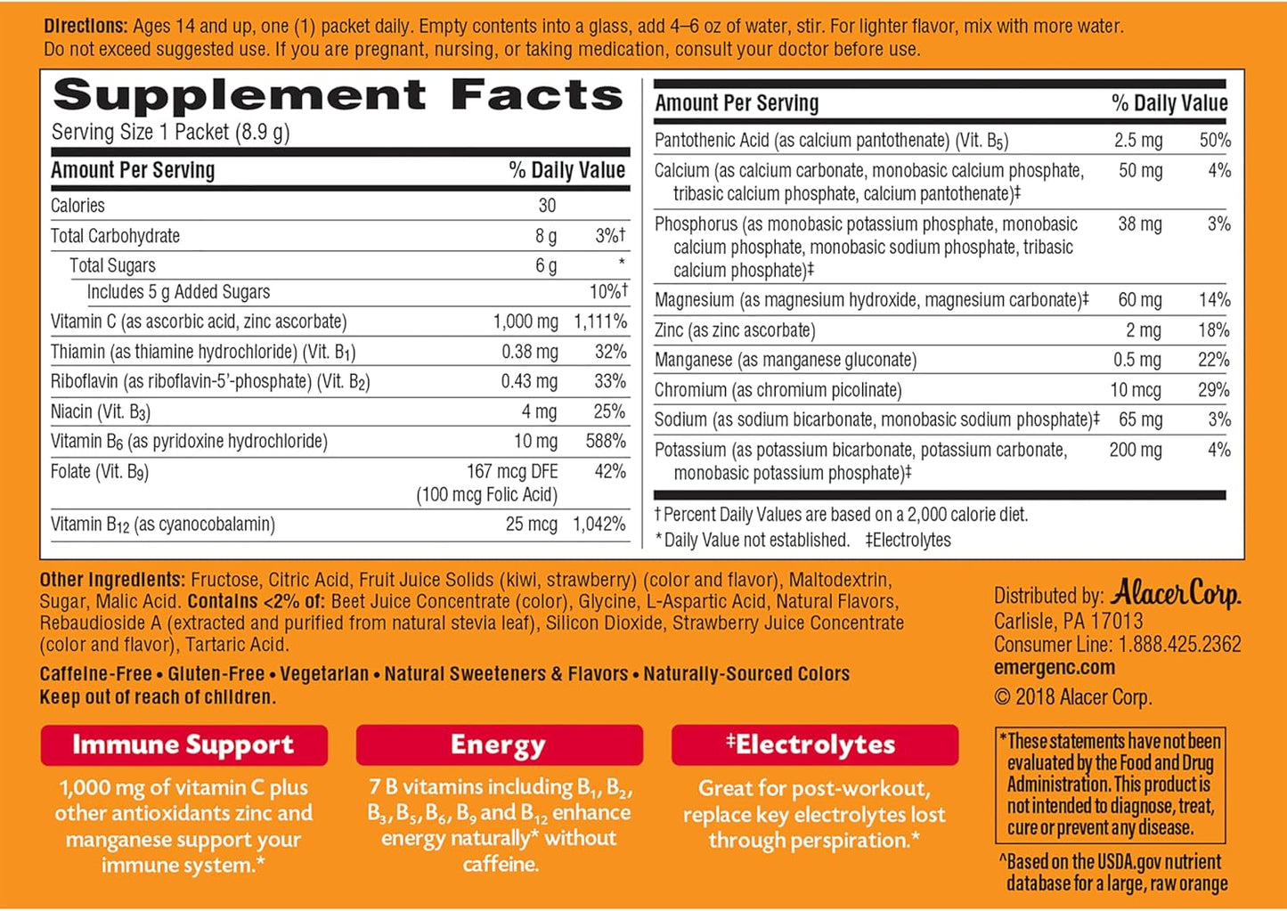 Emergen-C 1000mg Vitamin C Powder for Daily Immune Support Caffeine Free Vitamin C Supplements with Zinc and Manganese, B Vitamins and Electrolytes, Super Orange Flavor - 30 Count Nirvana Guru
