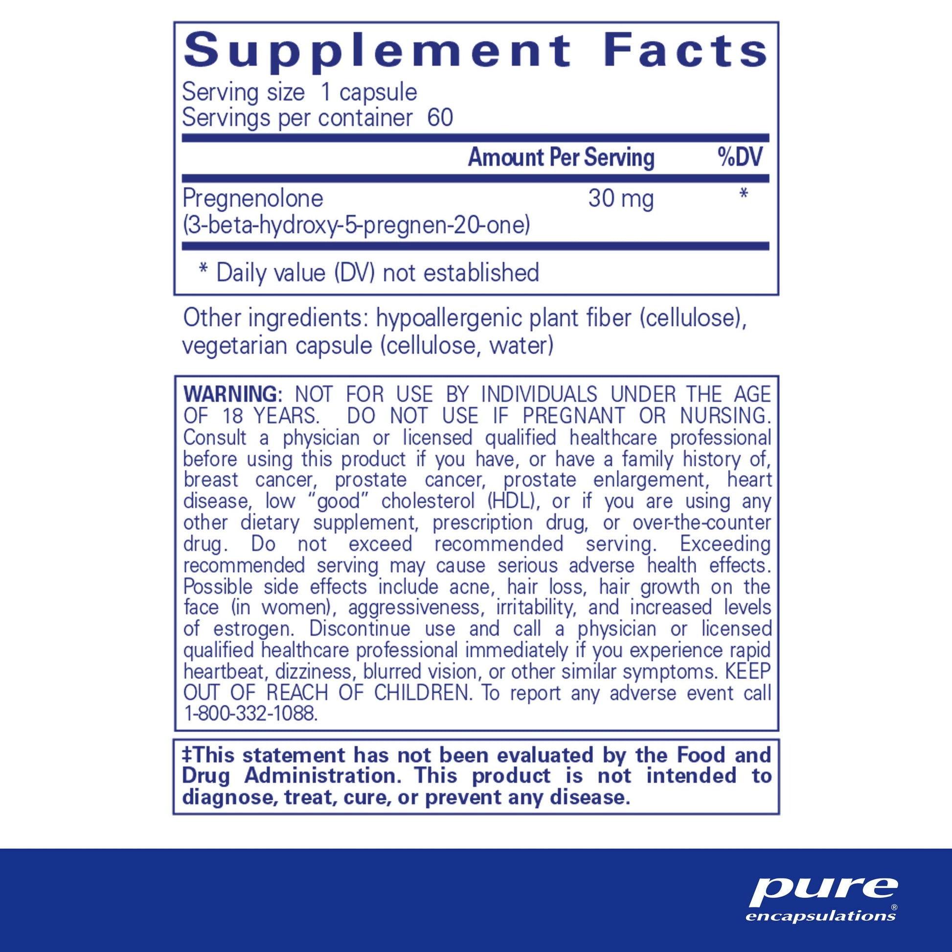 Pure Encapsulations Pregnenolone - 30 mg - Hormone Support - Memory Support & Brain Supplement - Gluten Free & Vegan - 180 Capsules - Nirvana Guru