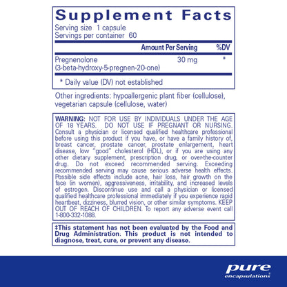 Pure Encapsulations Pregnenolone - 30 mg - Hormone Support - Memory Support & Brain Supplement - Gluten Free & Vegan - 180 Capsules - Nirvana Guru