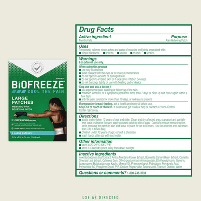 Biofreeze Large Pain Relief Patches, Menthol Pain Patches for Lower Back, Neck, Knee, & Shoulder, Comfortable & Flexible Fabric Stays in Place, FSA Eligible, 5 ct